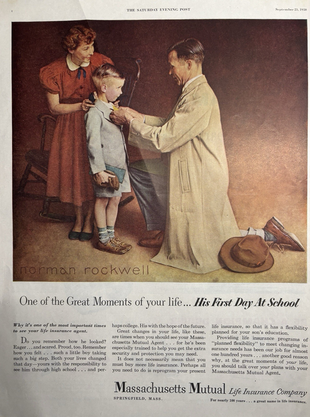 1950 Massachusetts Mutual Life Insurance Norman Rockwell School VTG Print Ad