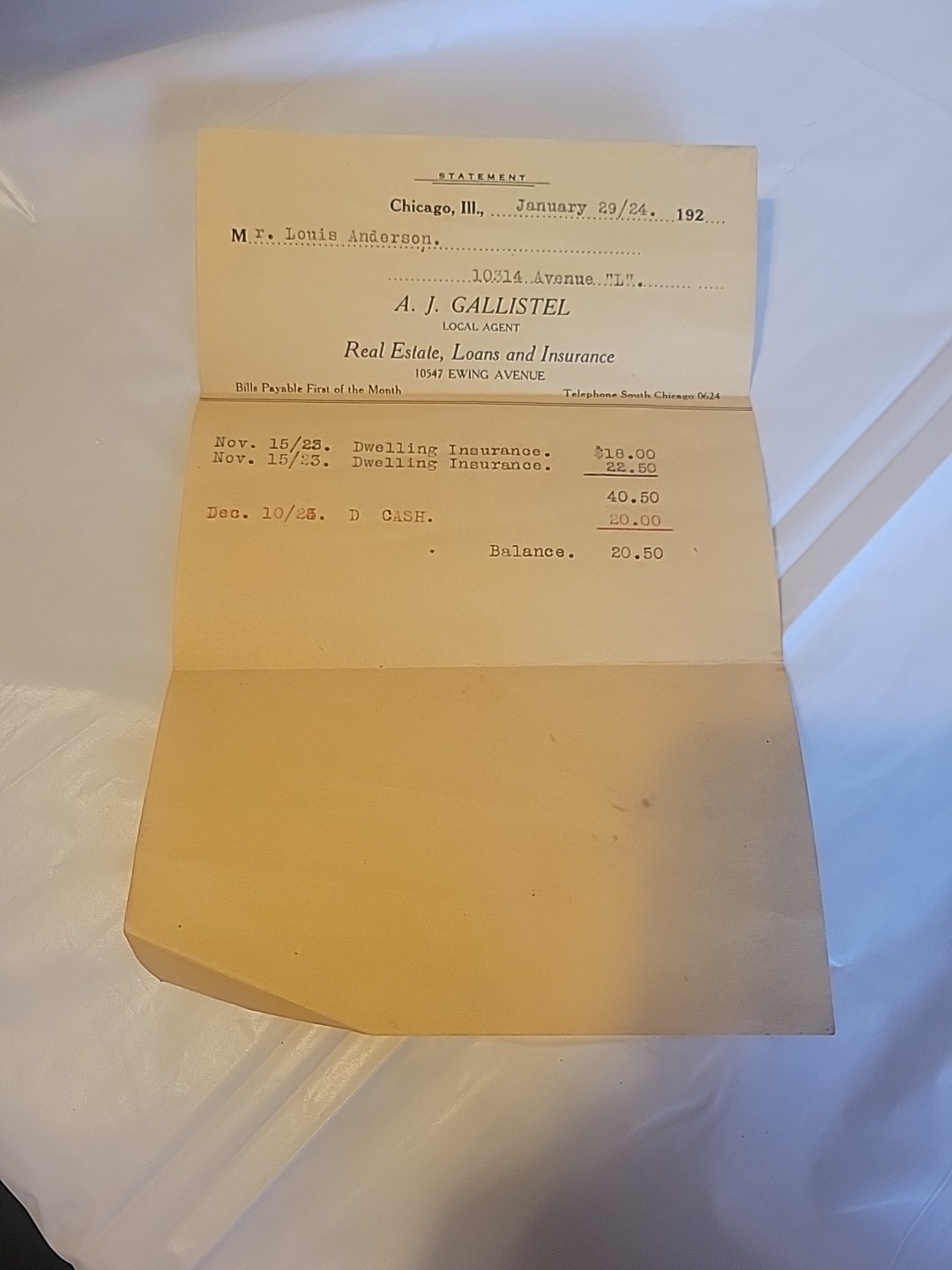 Vintage 1924 A J Gallistel Insurance Receipt Louis Anderson Chicago Illinois