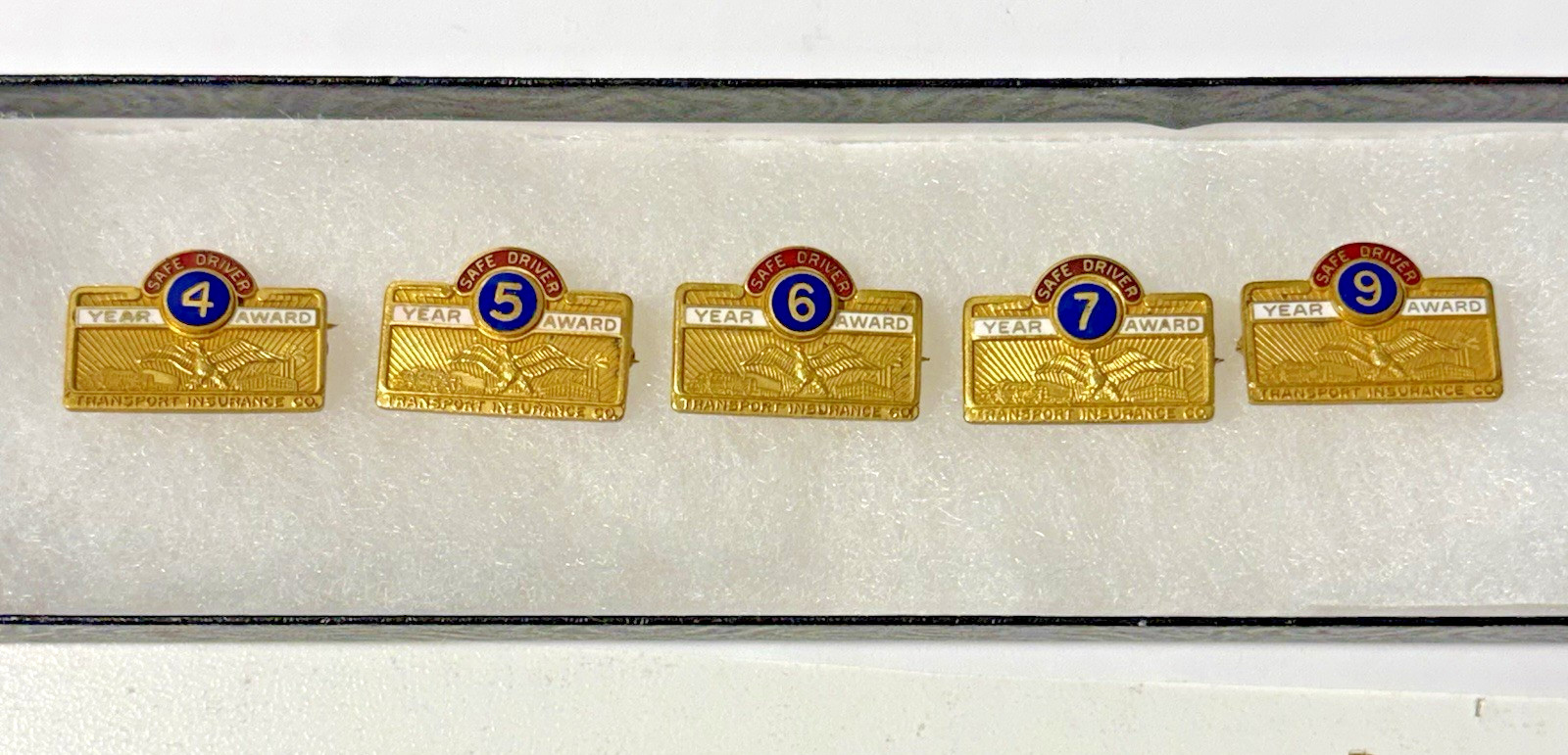 LOT OF 5 VINTAGE ENAMELED TRANSPORT INSURANCE CO. SAFE DRIVER AWARD PINS