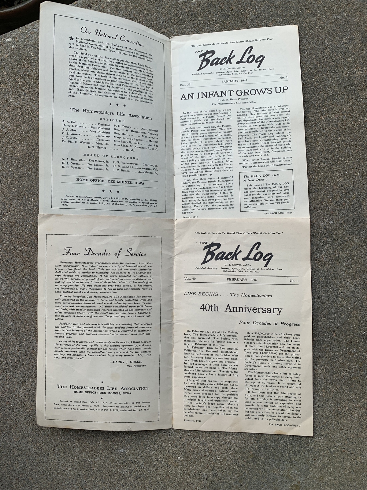 Rare 1944 The Back Log Homesteaders Life Assoc Publication Des Moines Iowa 1946