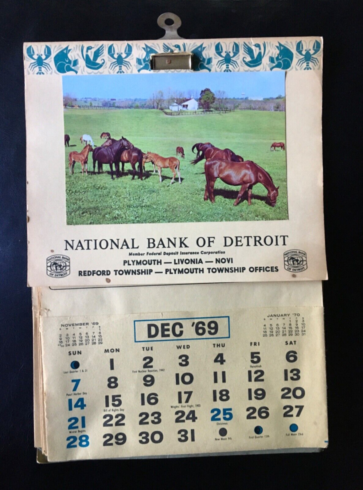 1969 National Bank Of Detroit Paper Calender Horse Photo & Recipes