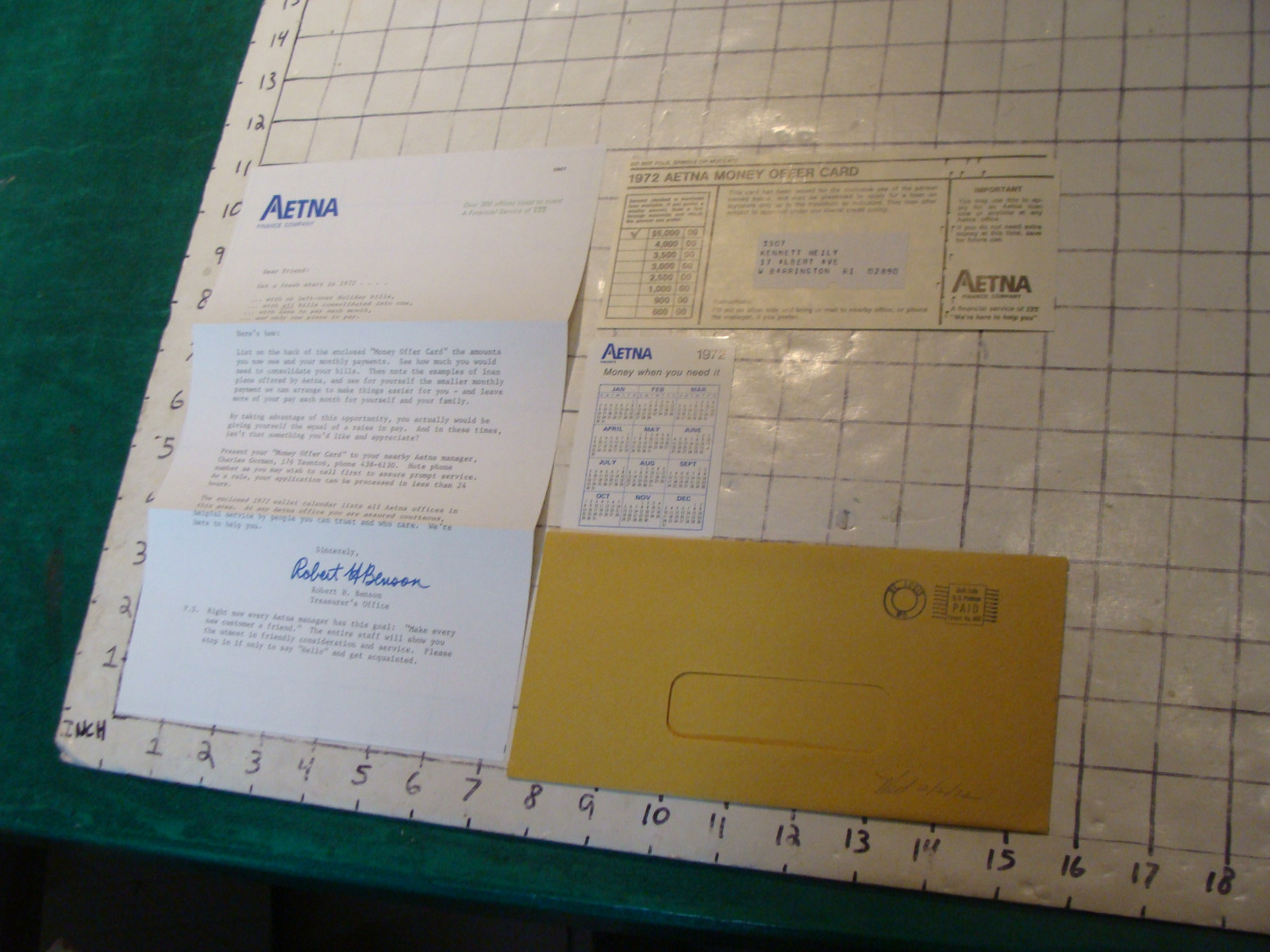 HIGH GRADE vintage paper: 1972 insurance papers AETNA w punch card & calendar