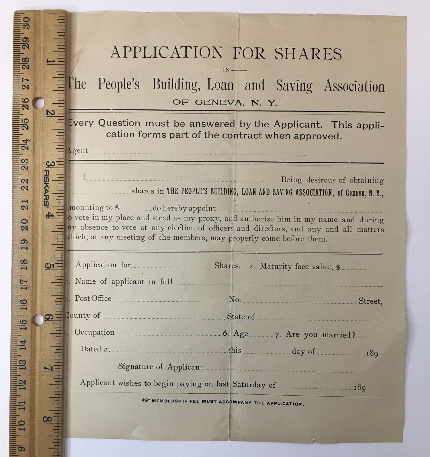 1890 Geneva New York The People’s Building Loan & Saving Assoc Share Application