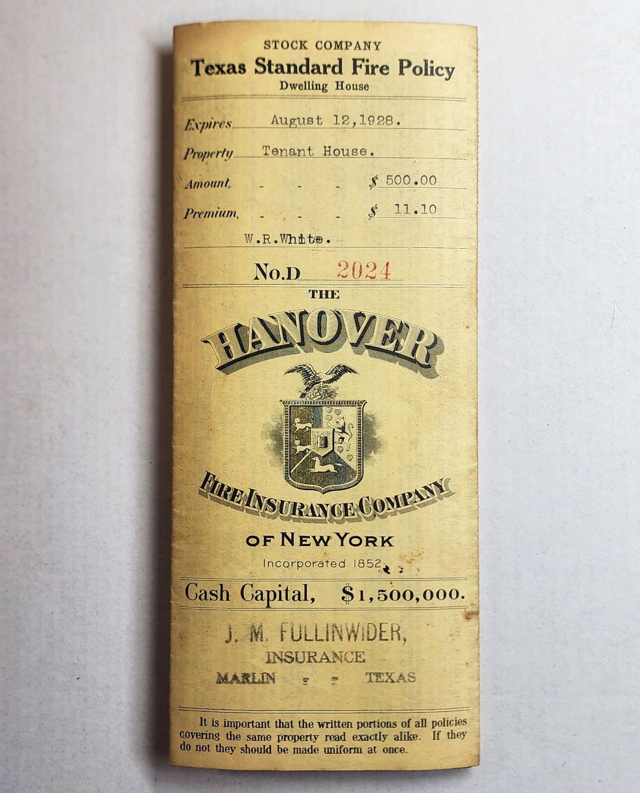 1928 Hanover Insurance Texas Standard Fire Policy ~ Tenant House White / Colored