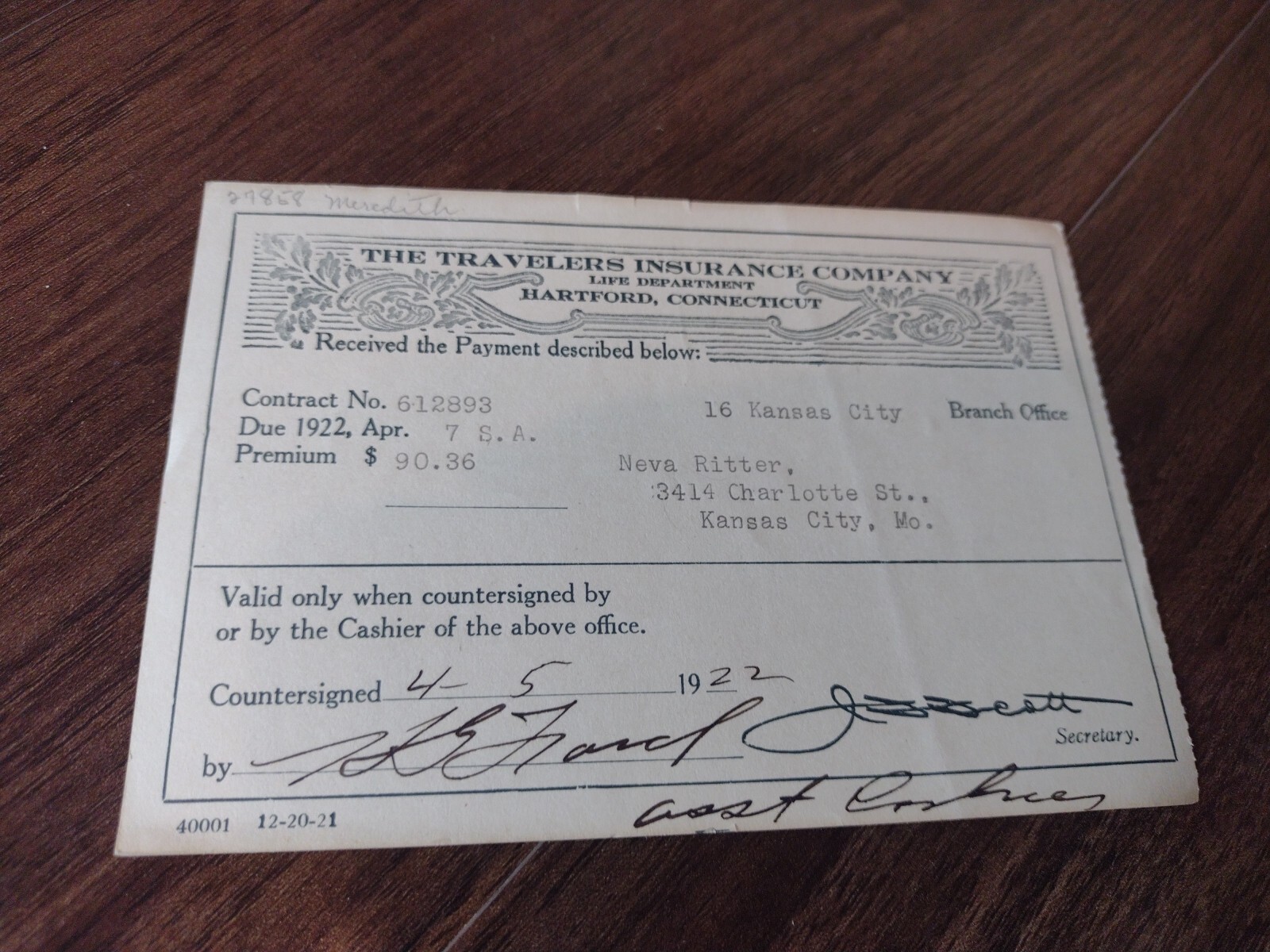 1922 Traveler’s Insurance Life Department Hartford Ct Kansas City Bill Receipt