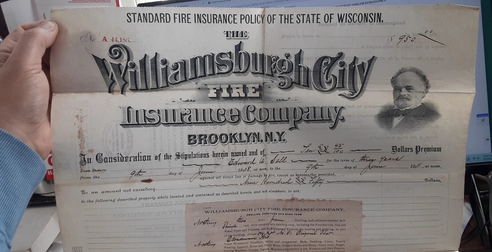 Orig. Engraved Williamsburg City Fire Insurance Brooklyn New York NYC 1908