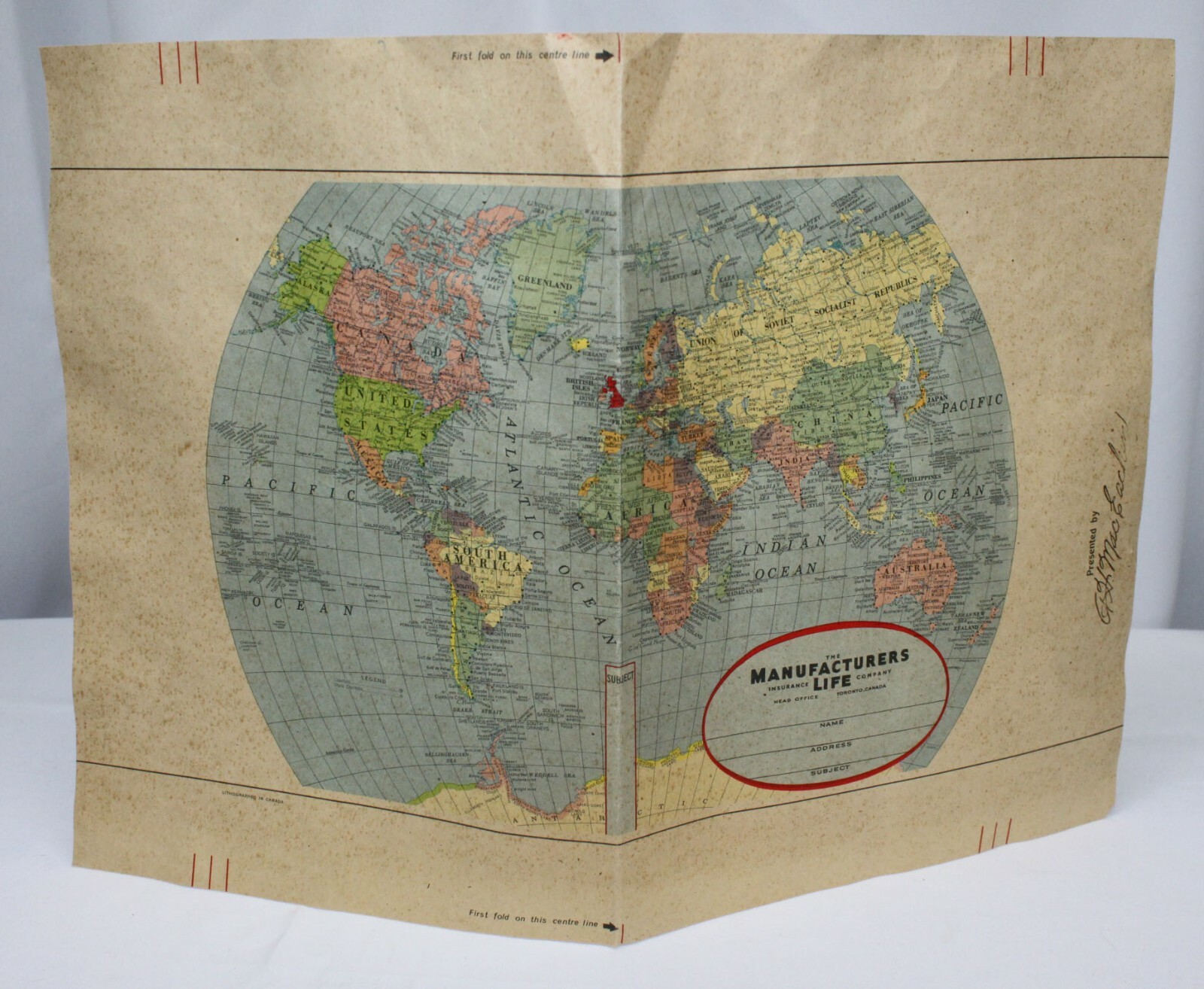 Vtg Manufacturers Life Insurance Co Book Cover World Map AH MacEachin Litho Ad