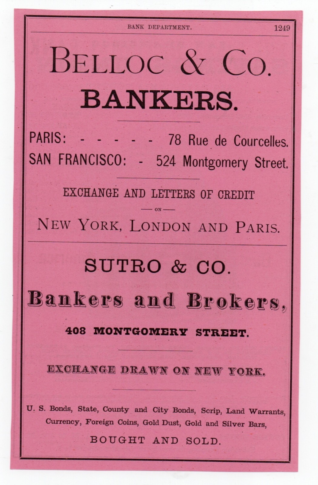 1880s Color Advertisement Sutro & Co Bankers San Francisco CA