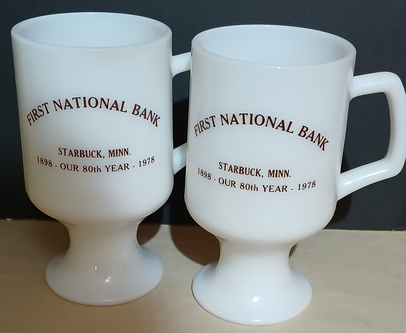 1978 Commemorative Milk Glass Mugs First National Bank Starbuck Minn