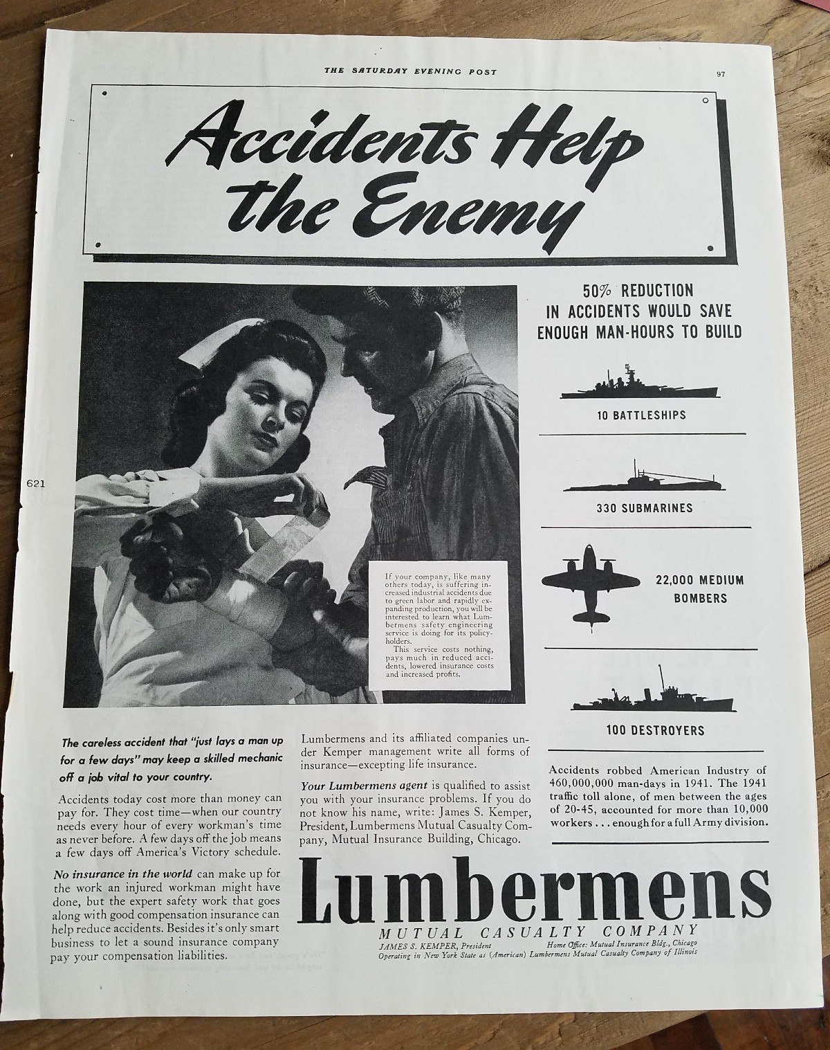 1942 Lumbermen’s Mutual Casualty Insurance Co nurse bandage mechanics wrist ad