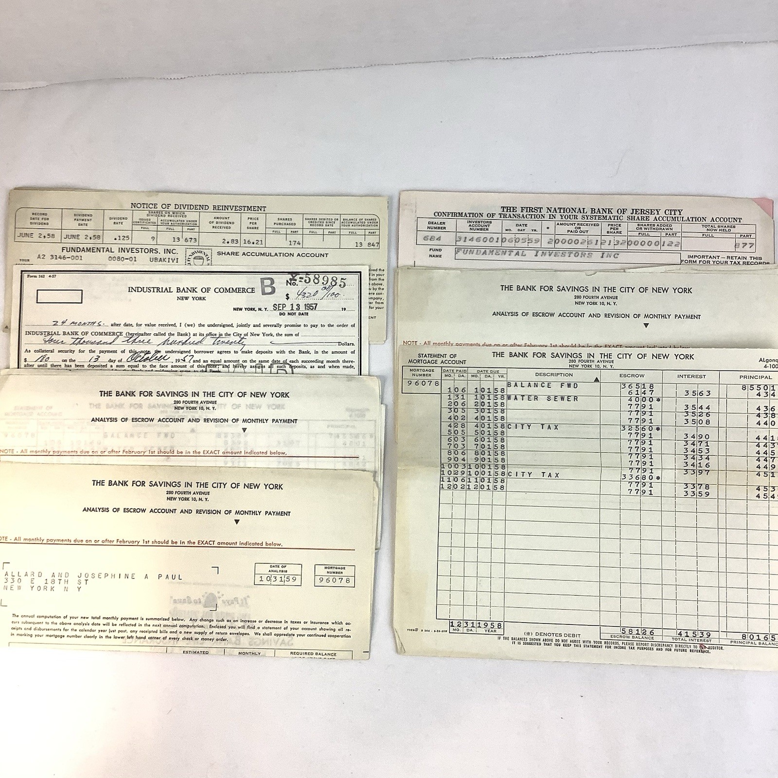 Banking Documents 1950’s Lot Of 9 Account Statements Investments Loan Agreements