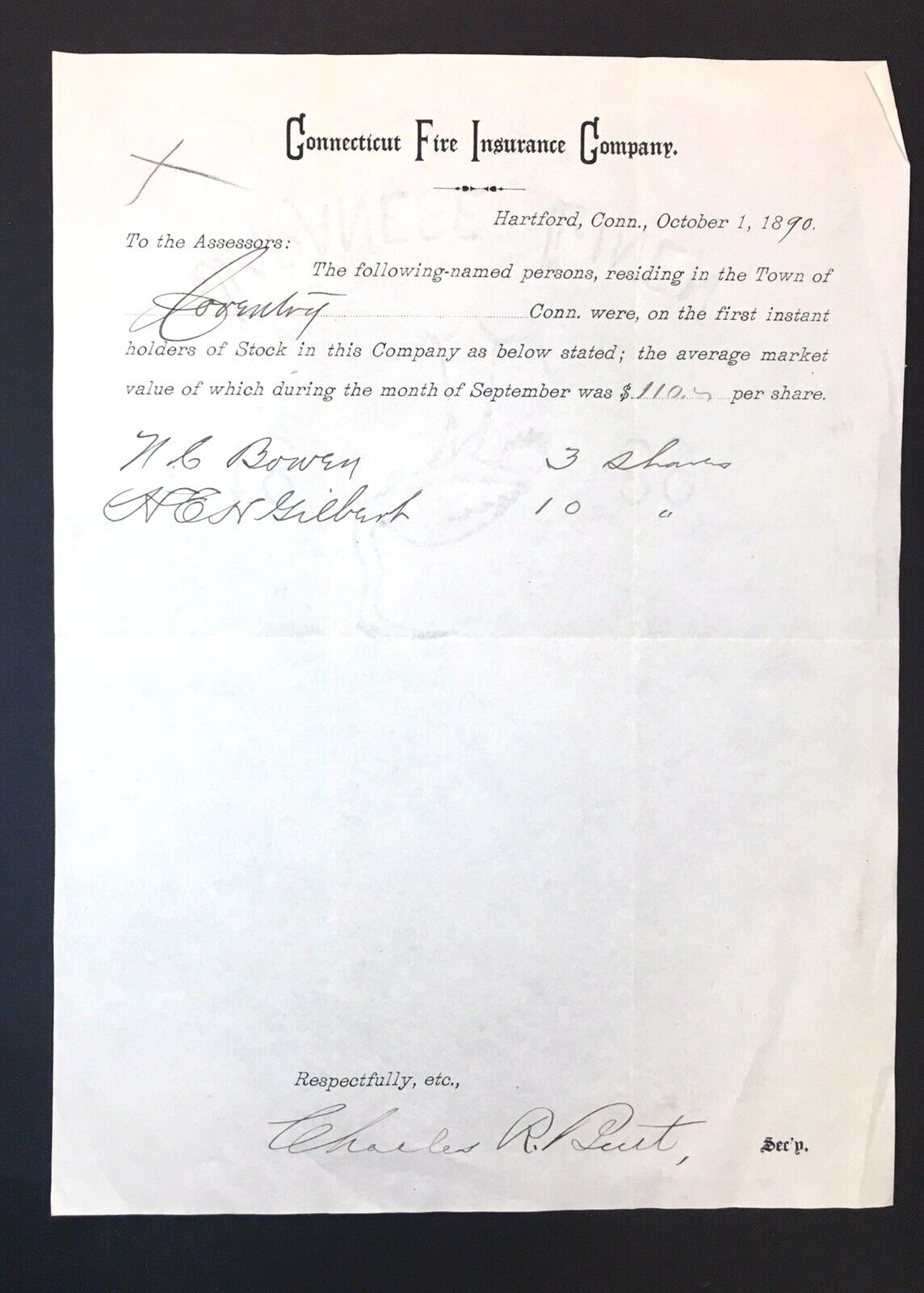 1890 Connecticut Fire Insurance Company Correspondence Regarding Stocks