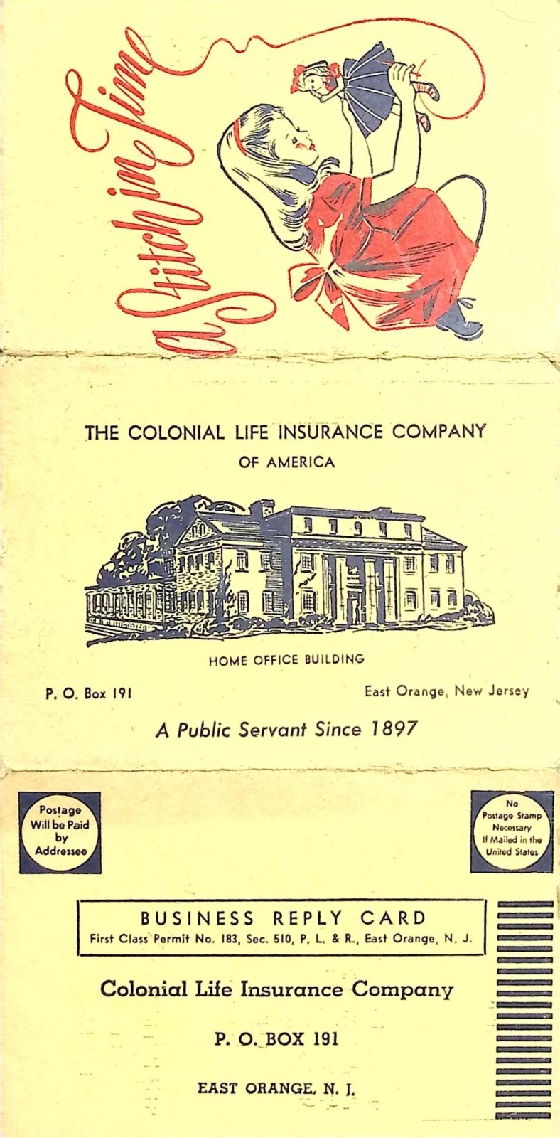 Vintage 1950s Colonial Life Insurance “A Stitch in Time” Sewing Advertising Card