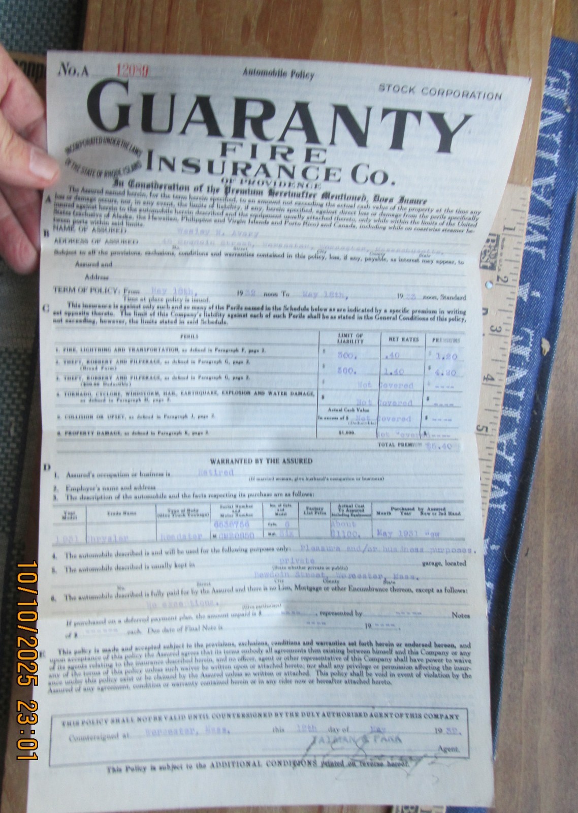 GUARANTY Fire insurance co. Automobile policy 1932