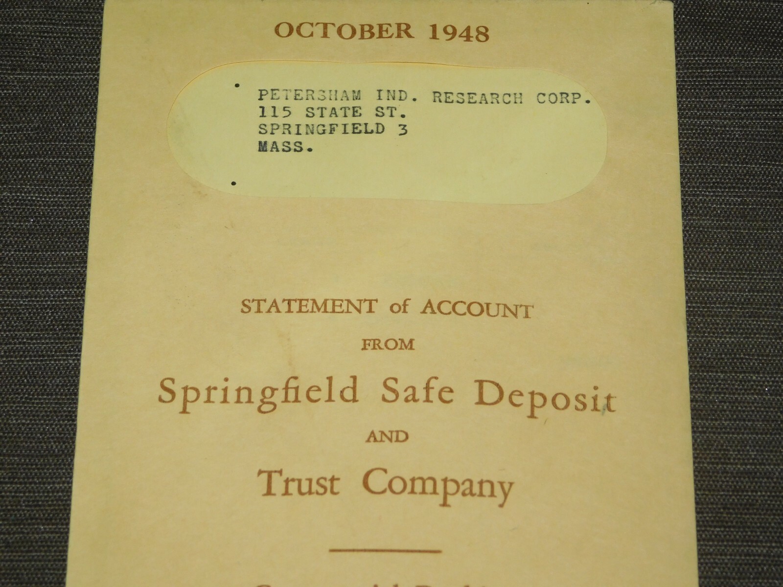 VINTAGE BANK 1948 SPRINGFIELD MASS SAFE DEPOSIT TRUST COMPANY ACCOUNT STATEMENT