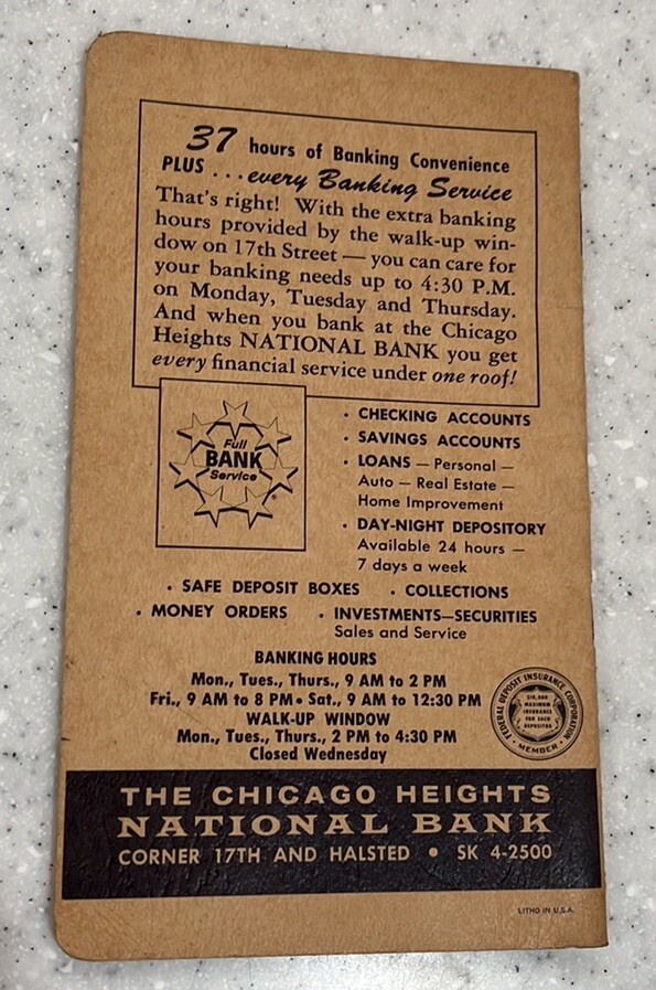Vtg 1963 Chicago Heights,IL National Bank Pocket Calendar Notebook~Advertising