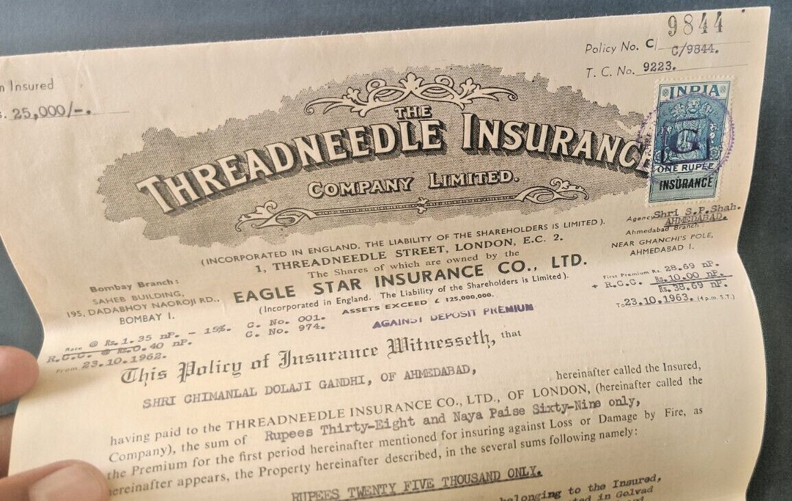 1962 THREADNEEDLE INSURANCE CO LTD fire Policy document vignette stamp India