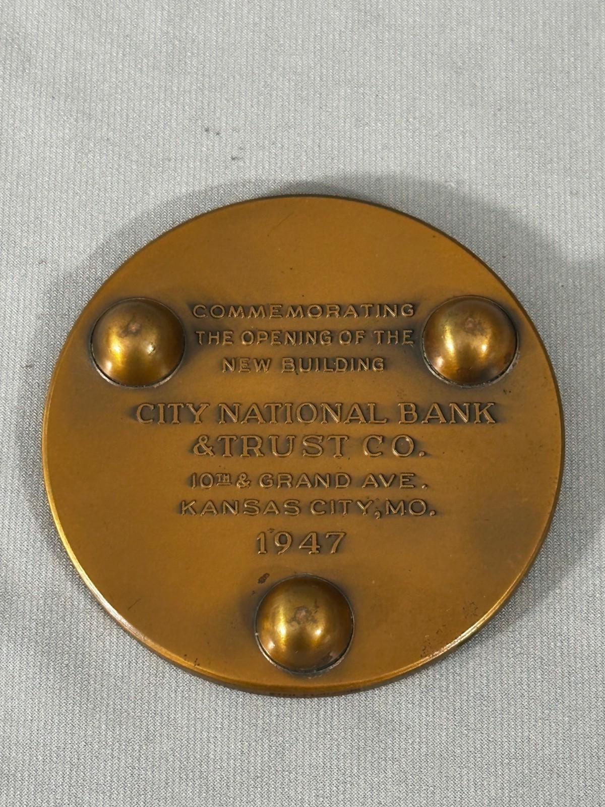 Vintage 1947 Whitehead Hoag Bronze Paperweight Medal – City National Bank KCMO