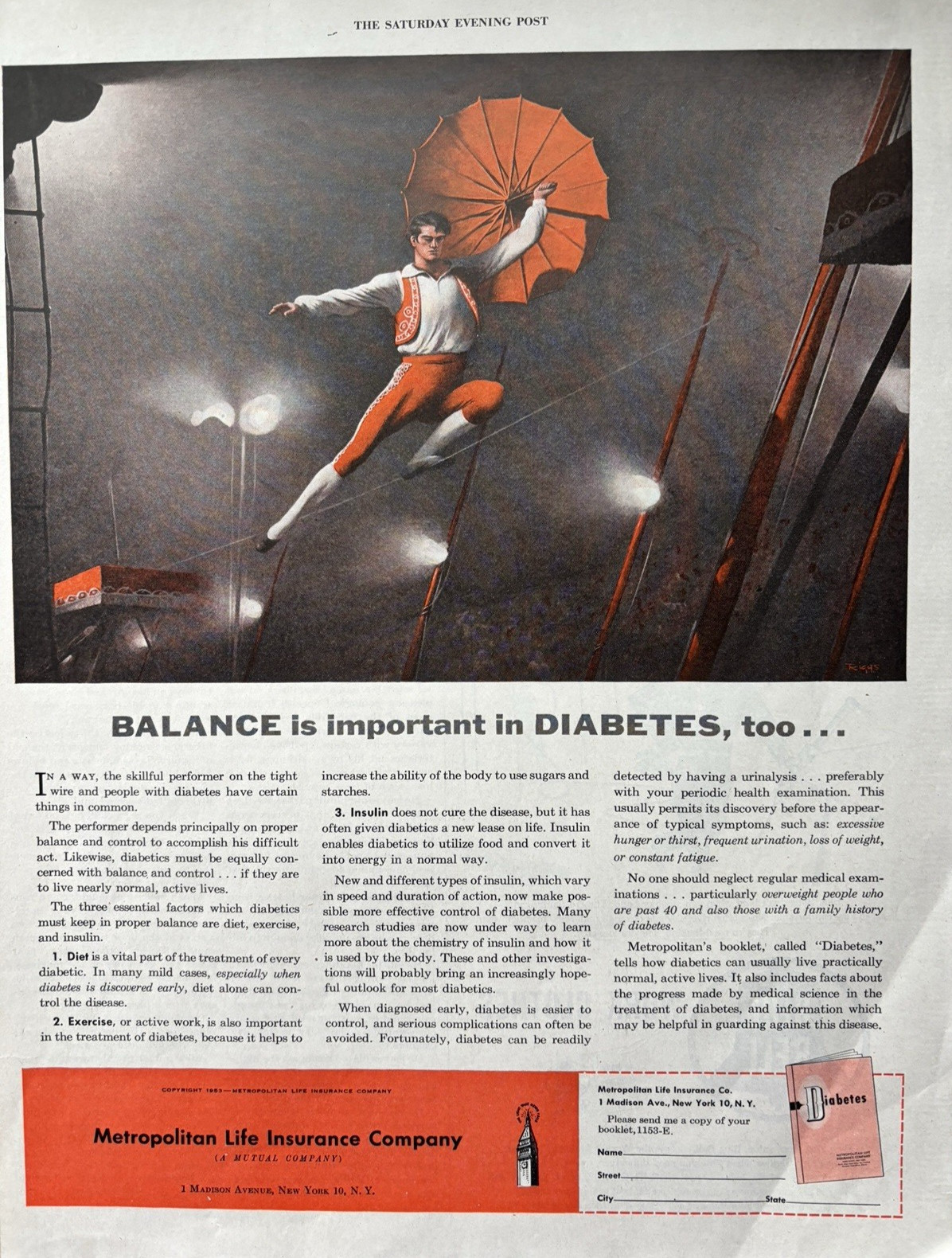 1953 Metropolitan Life Insurance Company Diabetes Balance Tightrope VTG Print Ad