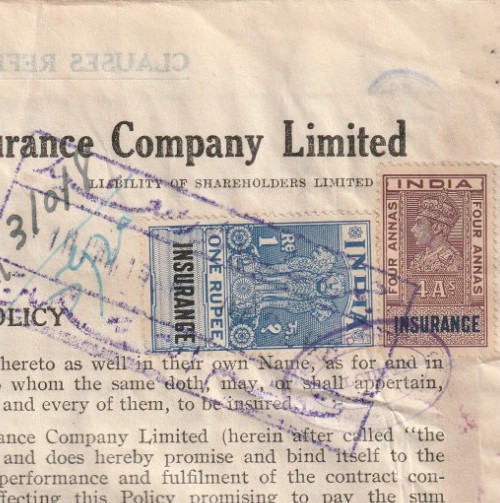 INDIA-NEW ZEALAND-ENGLAND Rare Insurance Maritime Policy Tied 1R. & 4A. KGVI 55