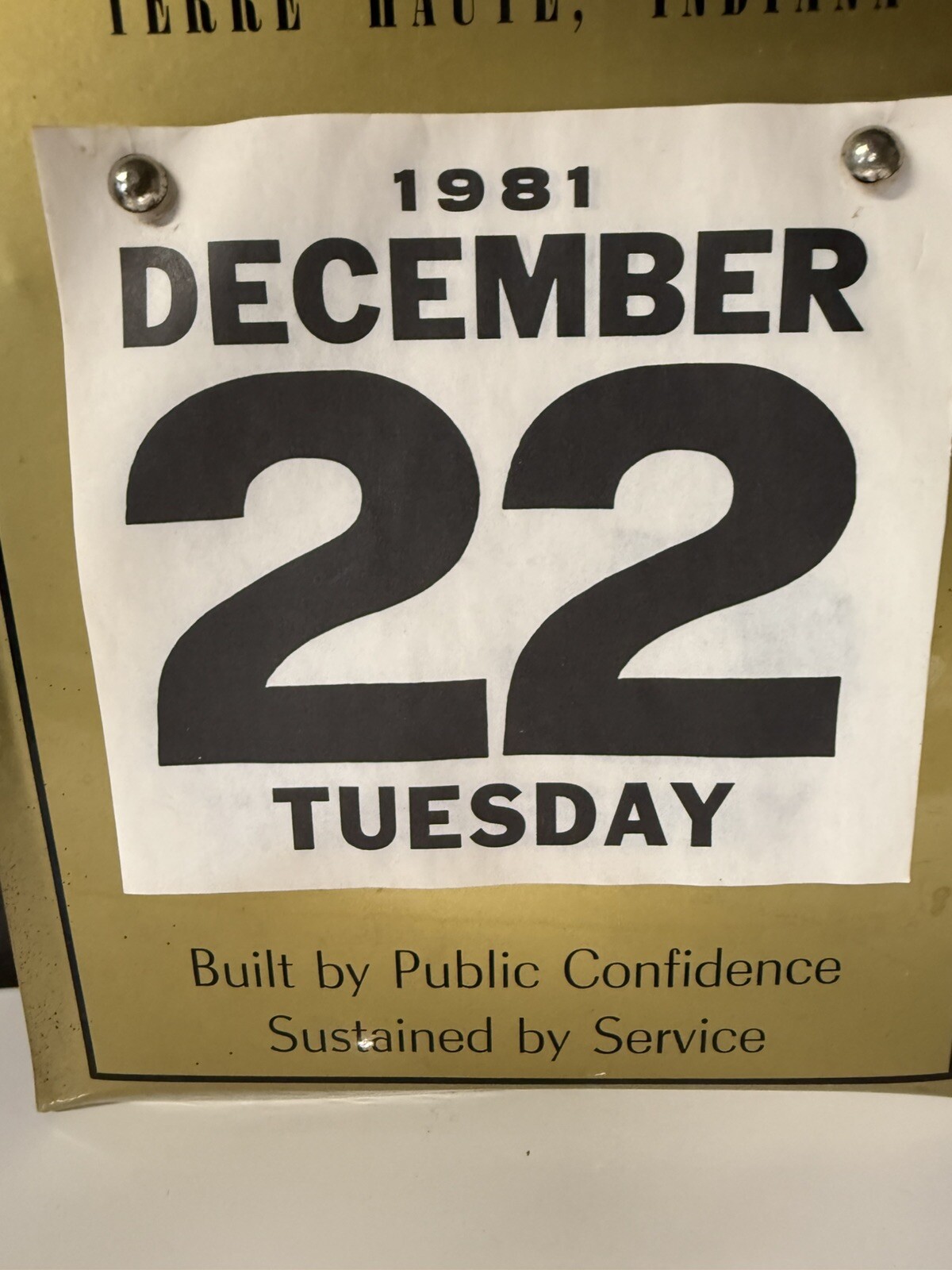 Vintage 1980s Merchant National Bank Terre Haute Indiana Metal Calendar Sign