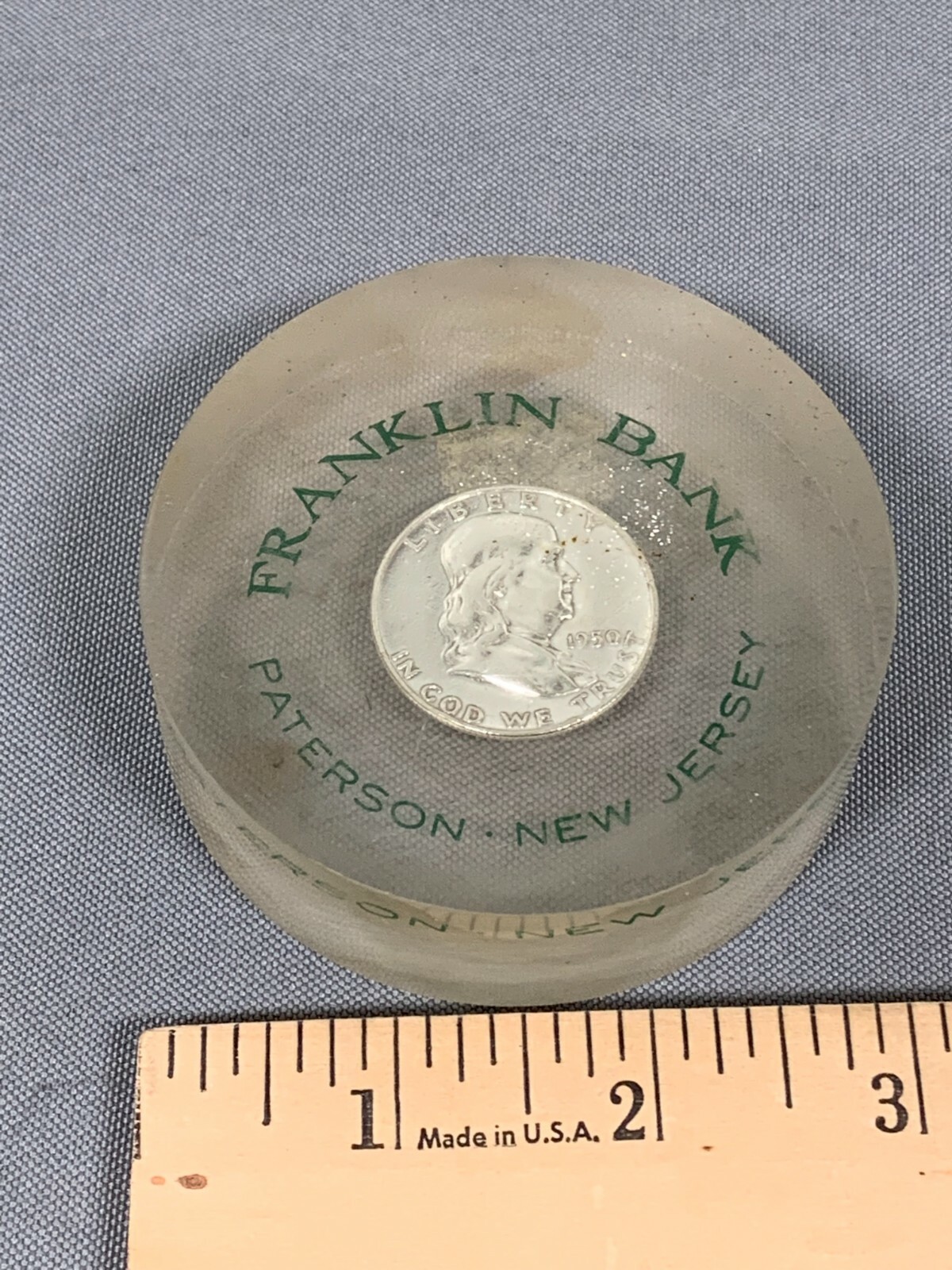 FRANKLIN BANK Paterson, New Jersey PAPERWEIGHT w/ Silver 1950 Half Dollar Lucite