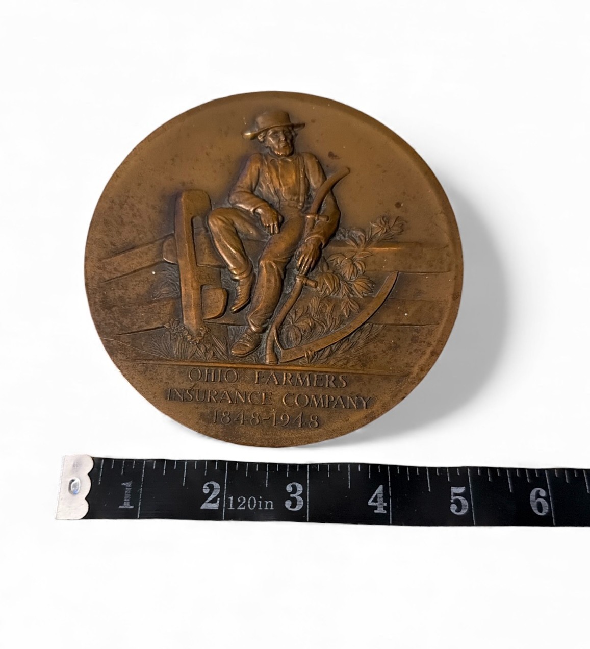 Ohio Farmers Insurance Company Bronze Plaque Centennial 1848–1948 Farmer 5″
