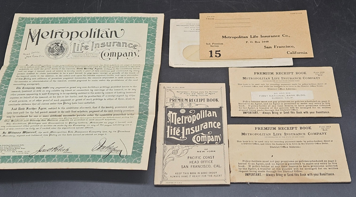 Vintage 1918 Metropolitan Life Insurance Co Policy, Payment Book, Etc.