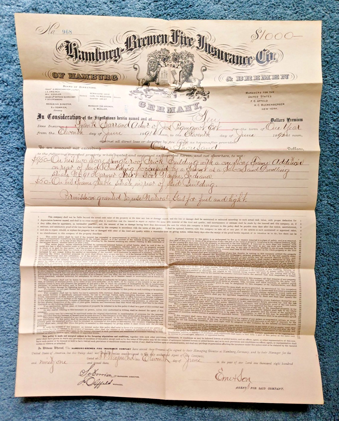 1891 Hamburg-Breman Fire Insurance Co. of Germany (New York Branch) Policy