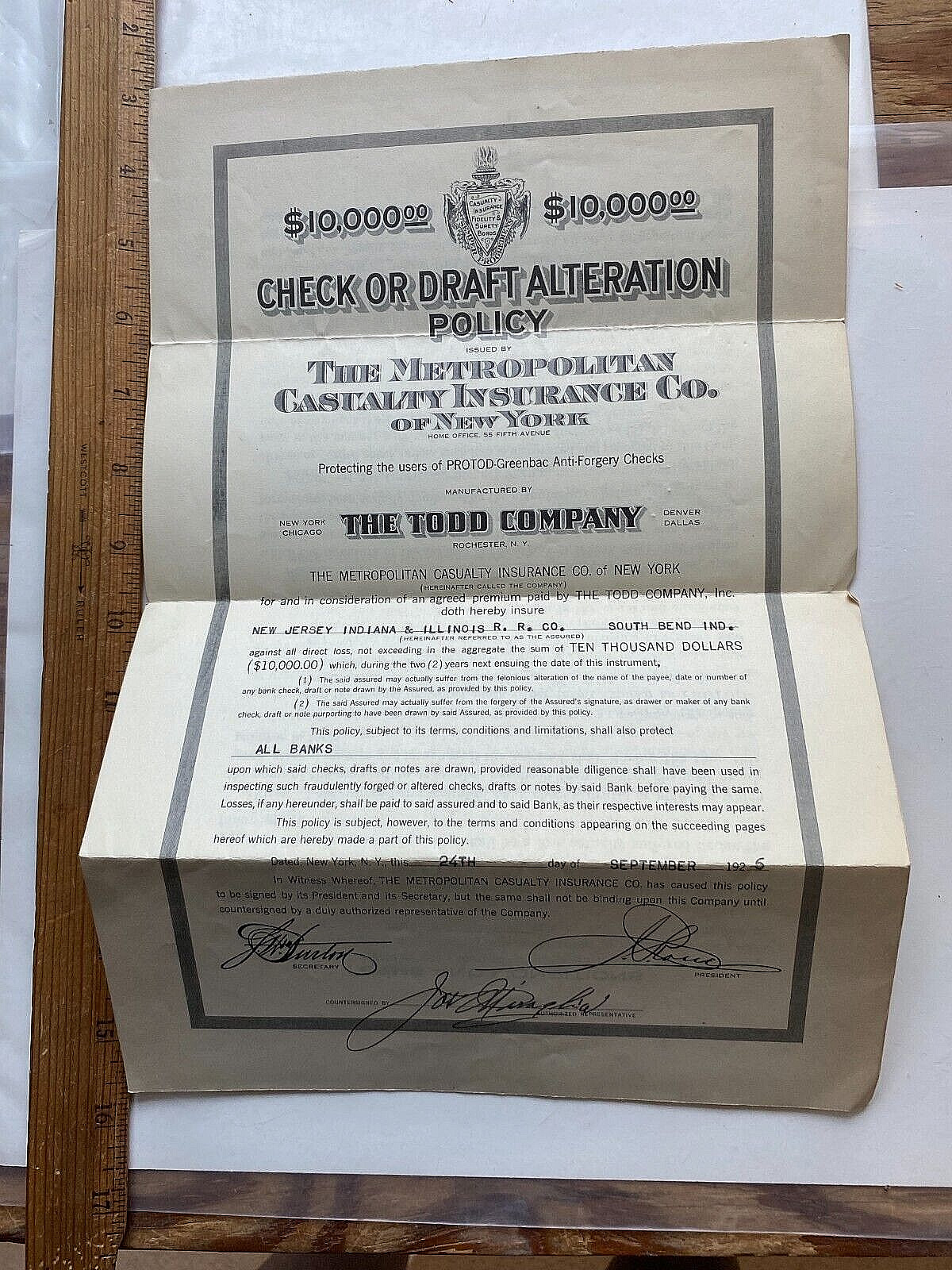 1925 Check/Draft Alteration Insurance Policy. NJ, IN & IL Railroad. South Bend