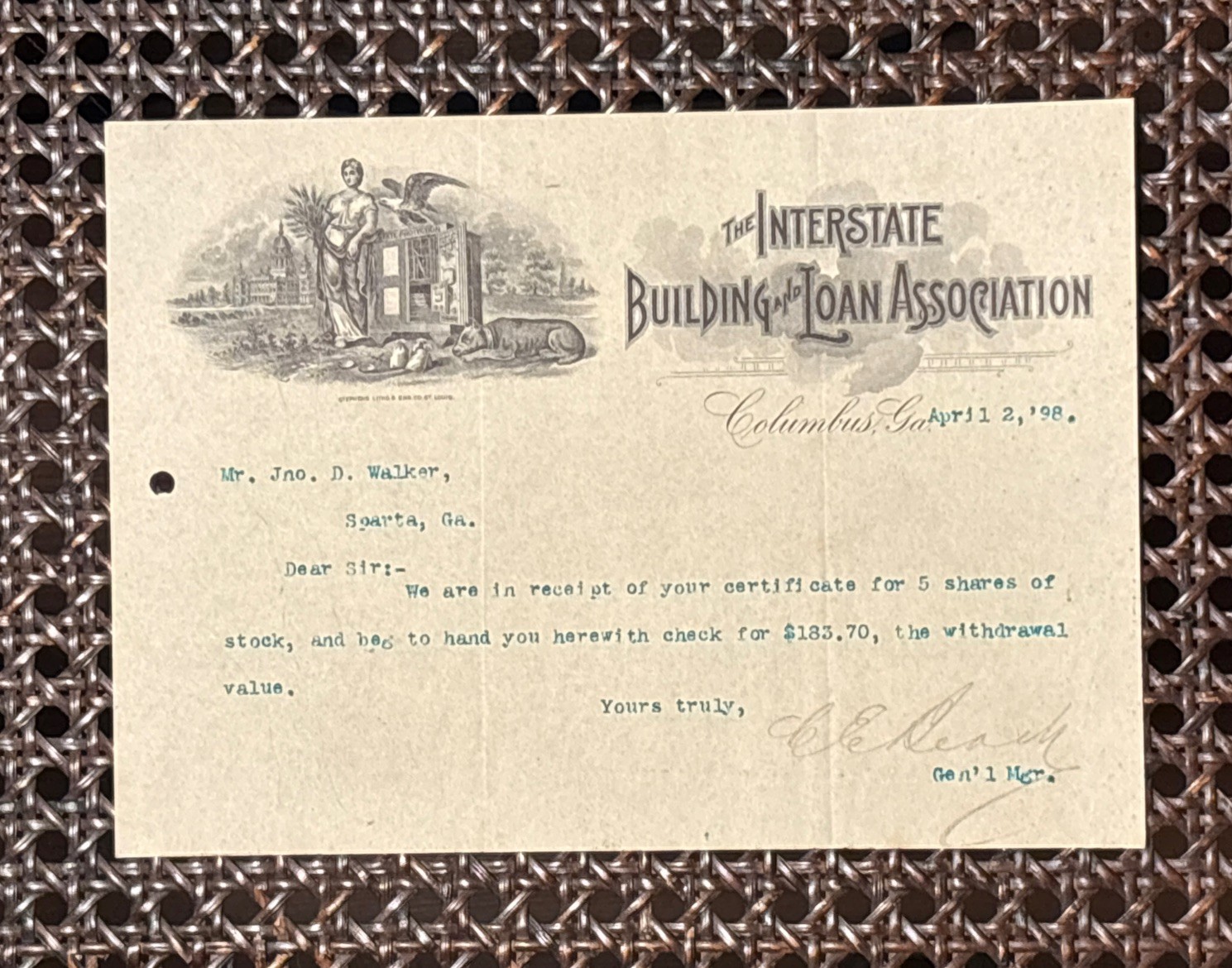 1898 Interstate Building Loan Columbus GA Letterhead Bank Safe Eagle Stock Art