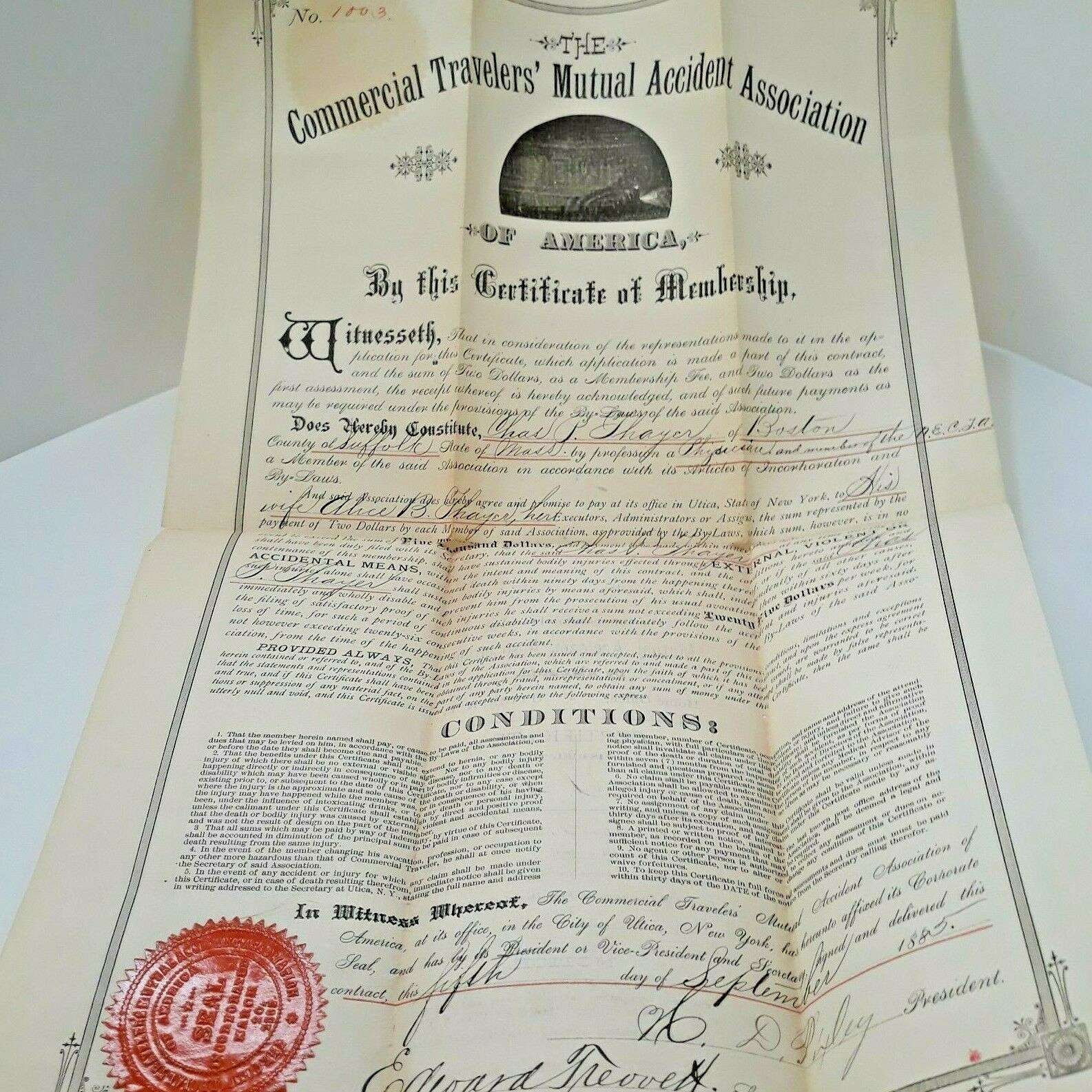 1885 The Commercial Travelers Mutual Accident Assoc of America Certificate Utica
