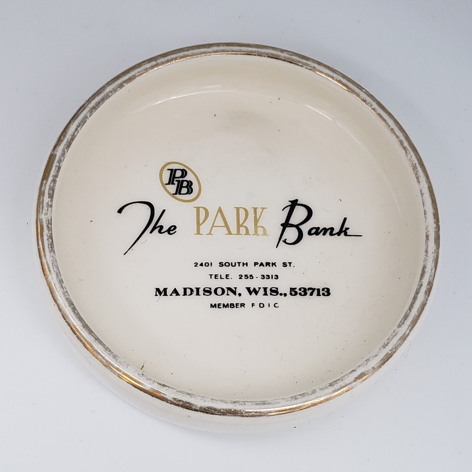 Vintage Ceramic Ash Tray Coaster The Park Bank Madison WI Wisconsin Advertising