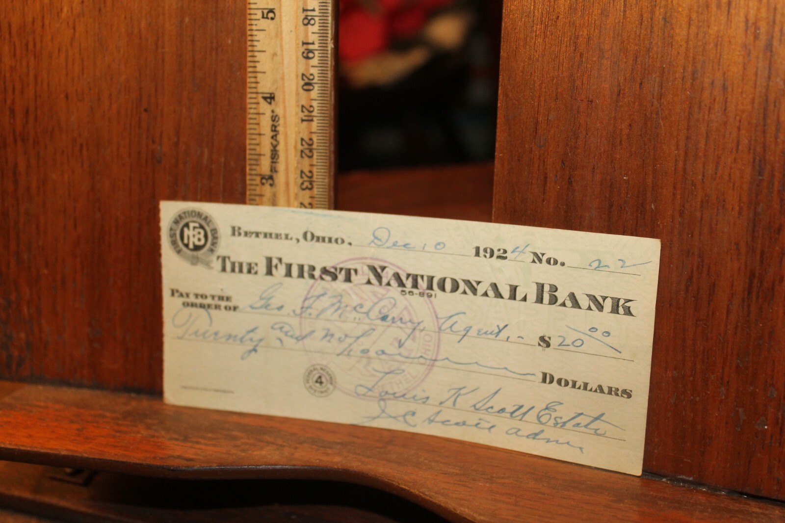 Antique 1924 Bethel Ohio First National Bank Ohio Cancelled Check