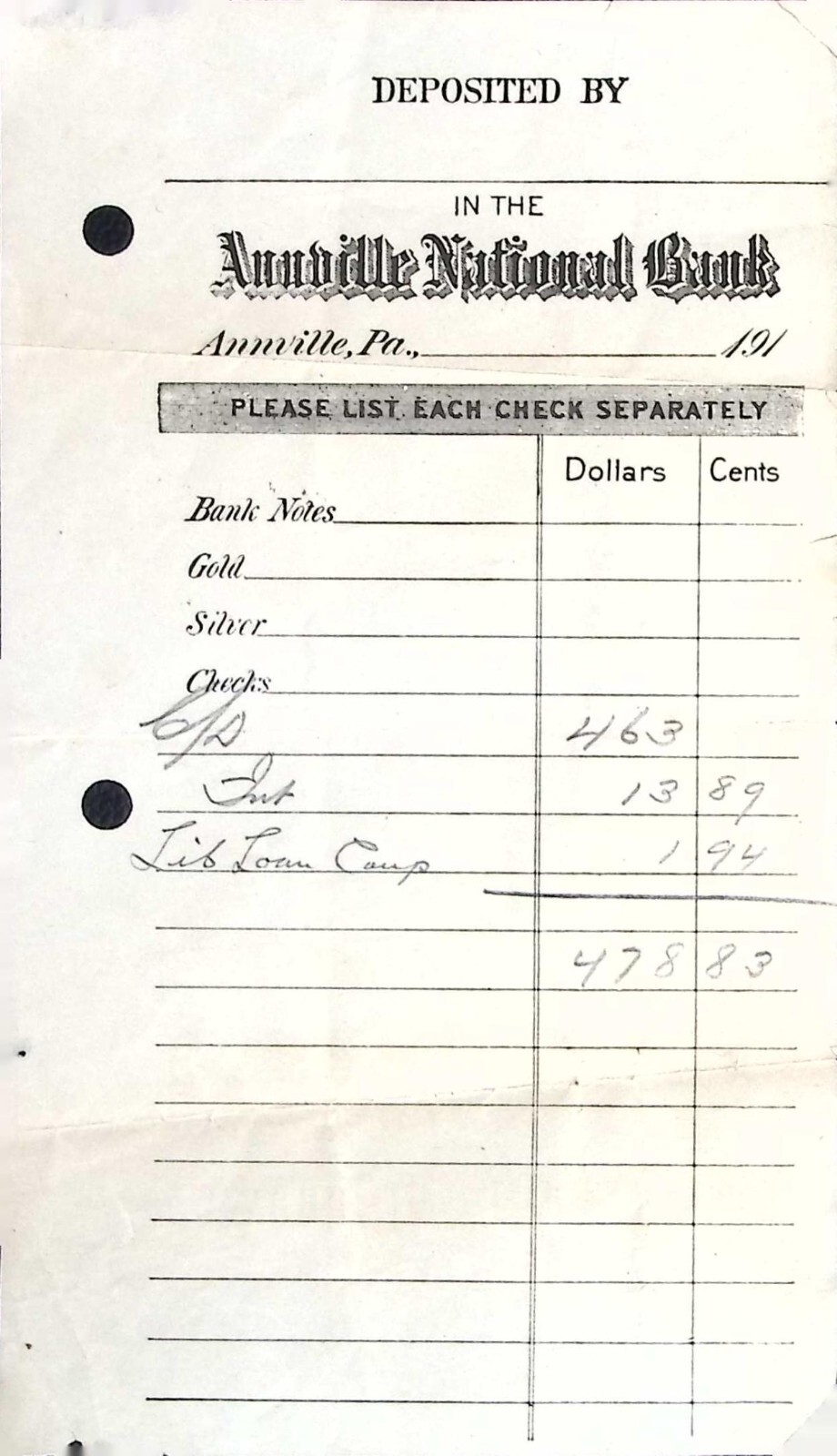 1910s Annville National Bank Deposit Slip – Historical Financial Document