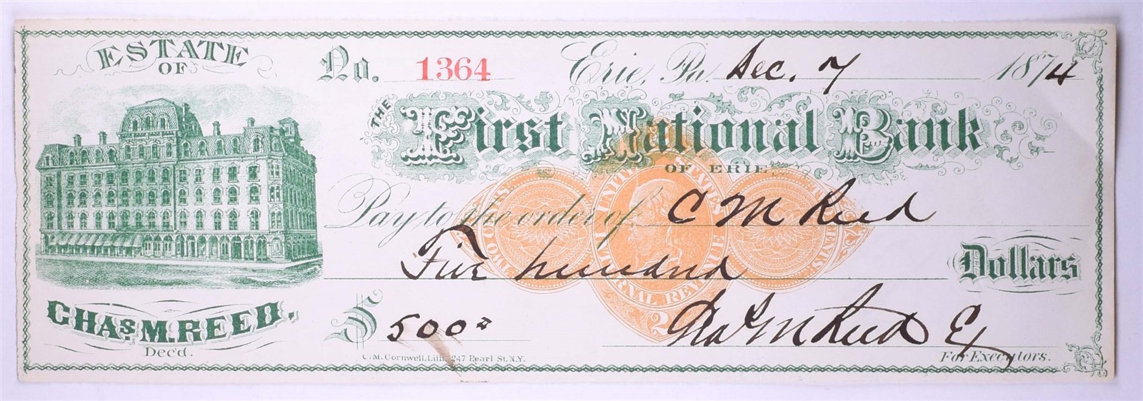 First National Bank of Erie PA – Estate of Chas. M. Reed Cashier’s Check 1874