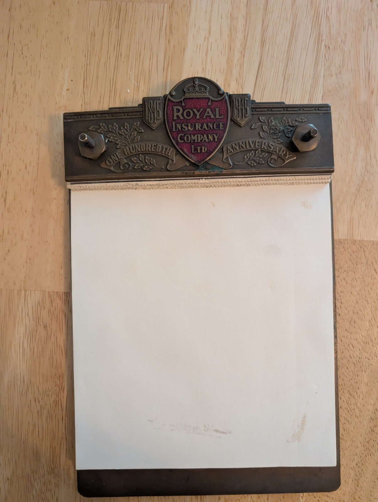 Royal Insurance Office Brass Enamel Memo Pad 1945 100th Anniversary