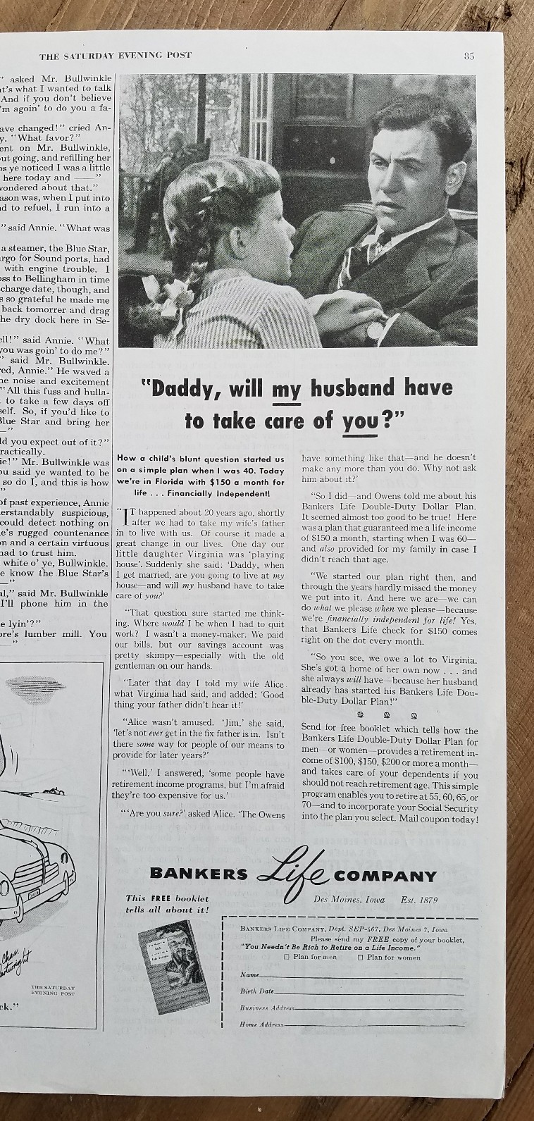 1946 Bankers Life Insurance little girl pigtail braids daddy ad