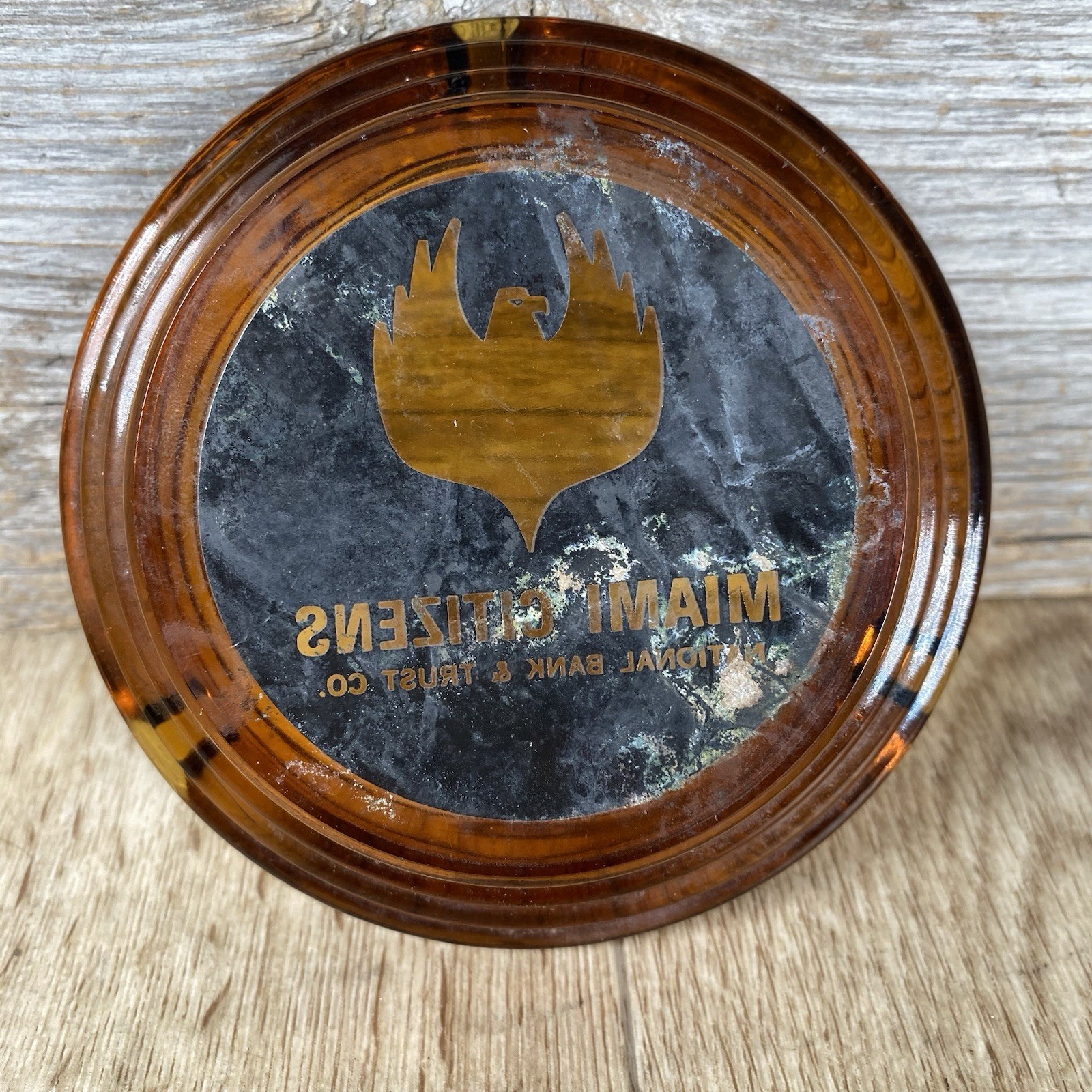 Vintage Bank Advertising Ashtray Miami Citizens Round, Amber Glass