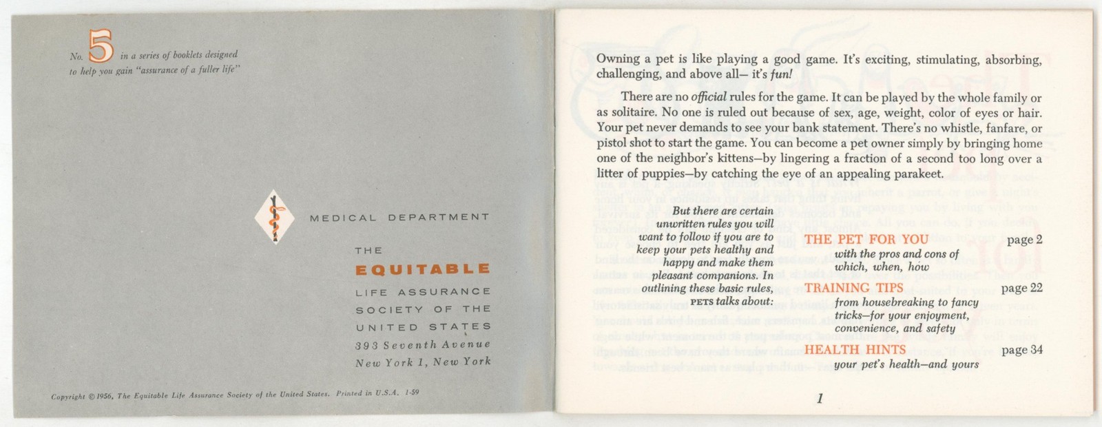 1956 Pets Fuller Life Equitable Life Insurance Booklet Health Training Owner
