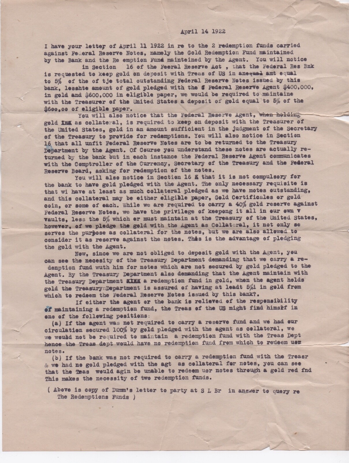 1922 Typewritten Letter regarding the Gold Redemption Fund & Federal Reserve
