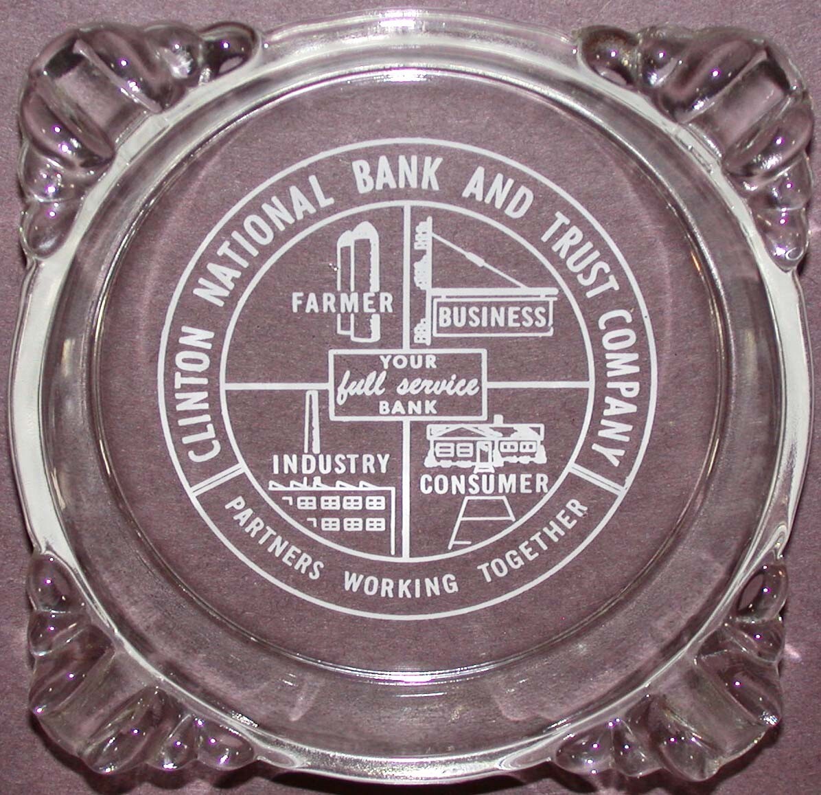 Vintage glass ashtray CLINTON NATIONAL BANK AND TRUST COMPANY Michigan n-mint+
