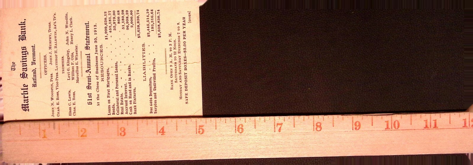 1913 Marble Savings Bank Rutland VT 61st Semi-Annual Statement Financial