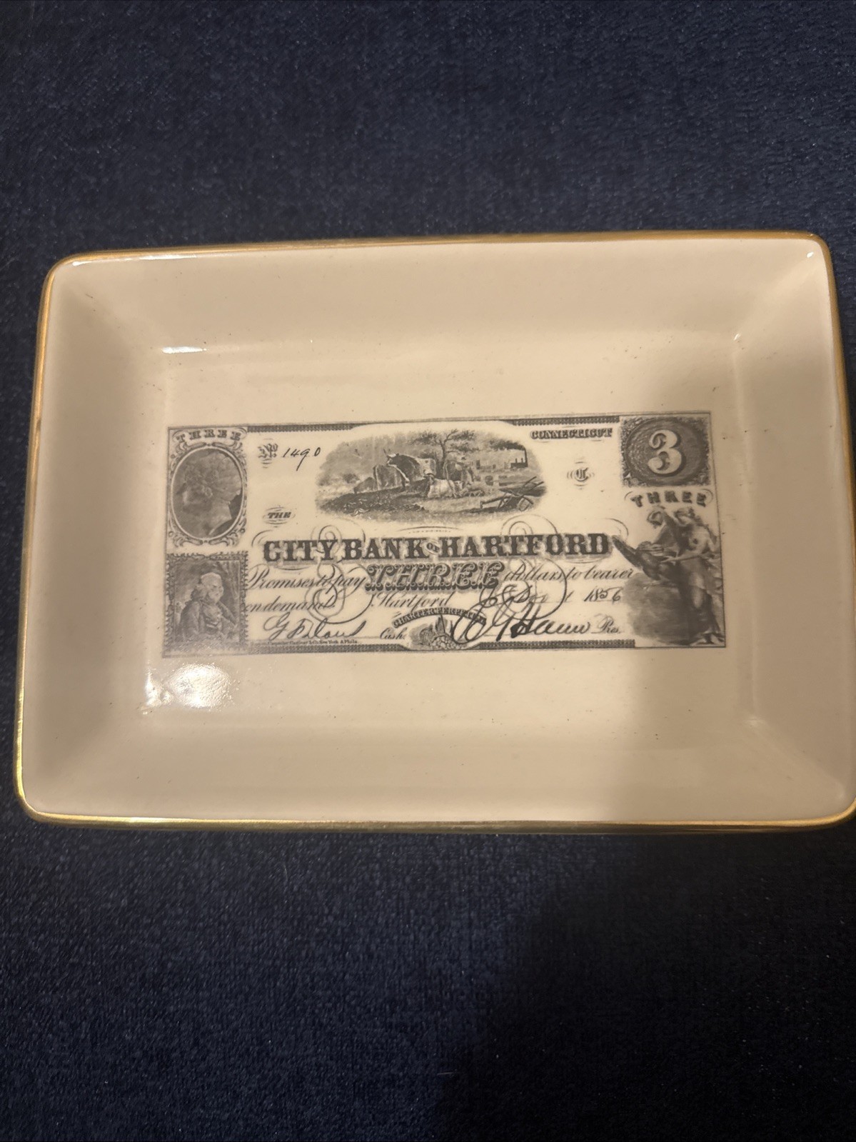Vintage CITY BANK HARTFORD THREE 3 Dollar Bill Banking Porcelain Plate Dish
