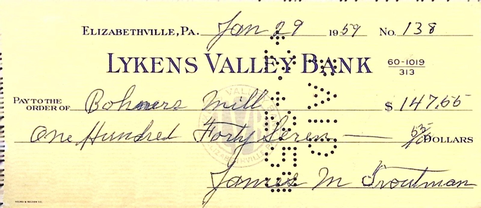 1959 Lykens Valley Bank Canceled Check With Punch Coding Vintage Ephemera