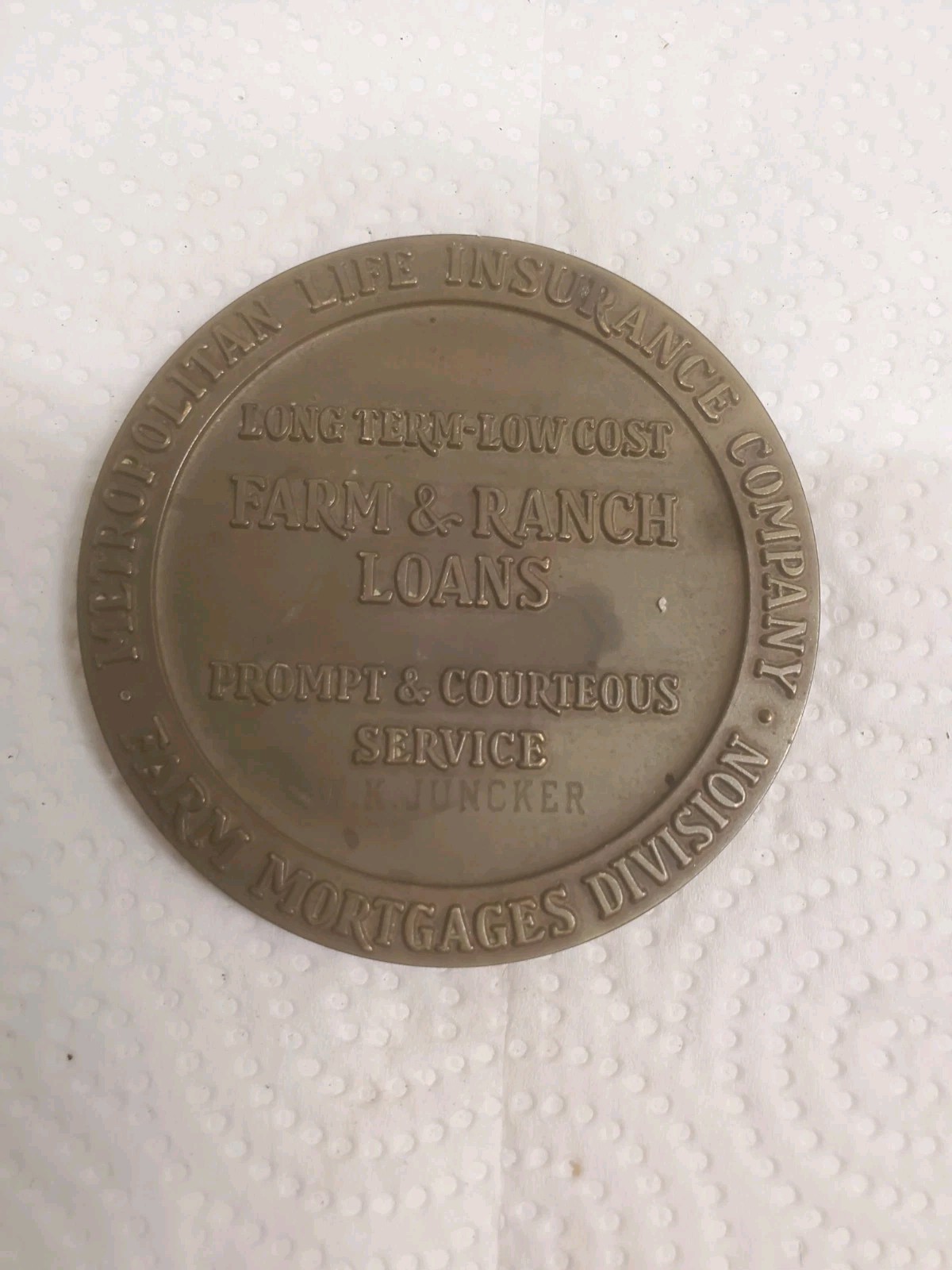 3″ Brass Paperweight Metropolitan Life Insurance Farm Mortgages W K Juncker