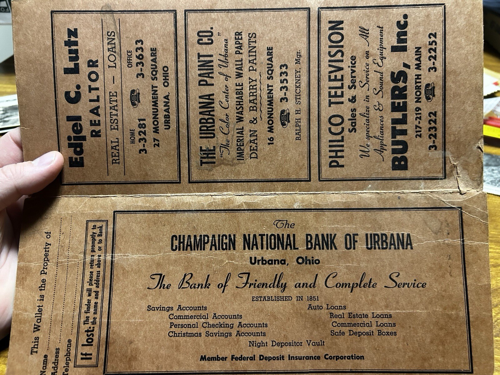 Urbana Ohio Vintage Bank Wallet Book Pontiac Dealer Champaign County Advertising