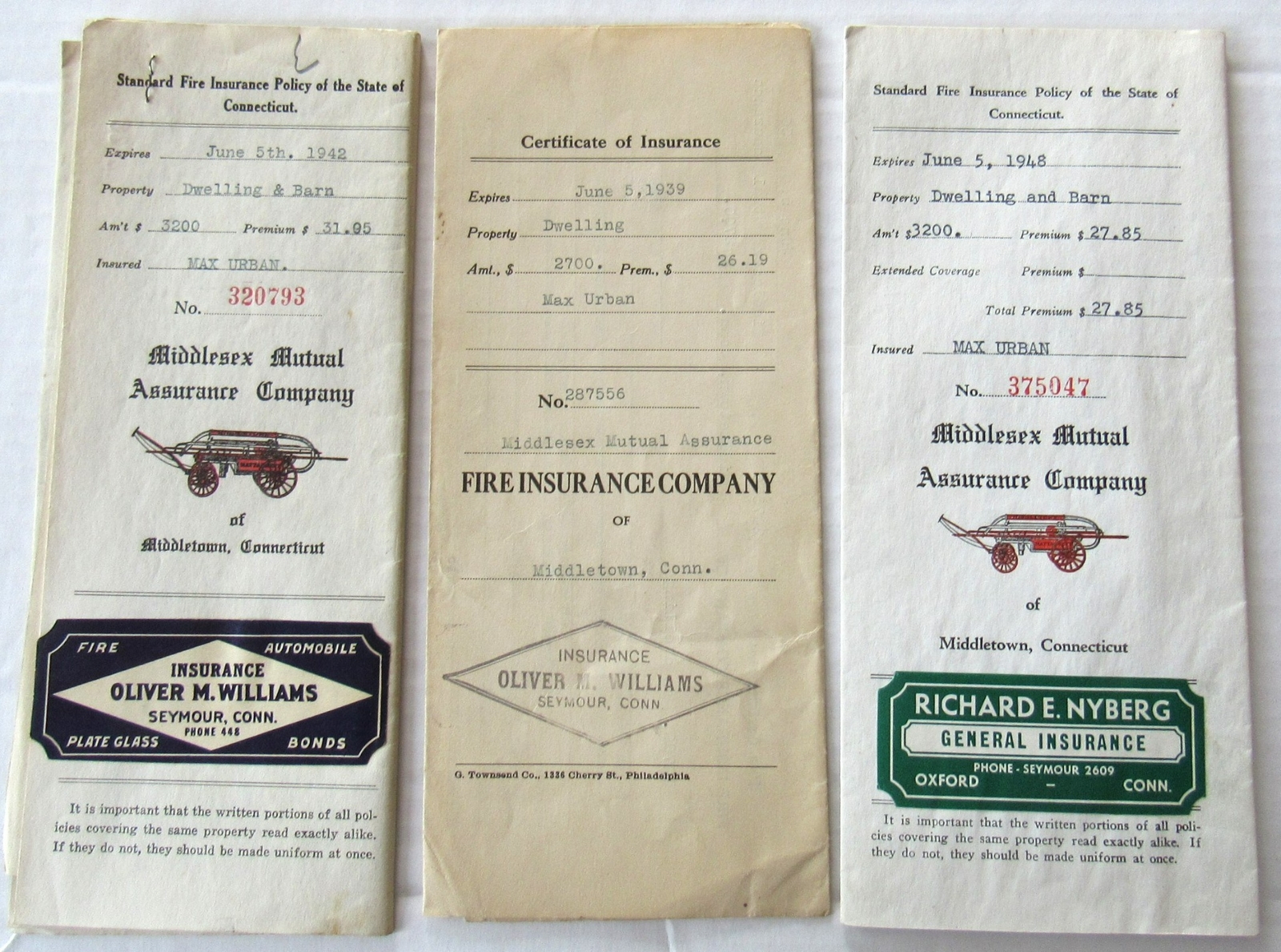 1940’s Middlesex Mutual Policy Lot Middletown CT Urban Seymour Barn Dwelling US