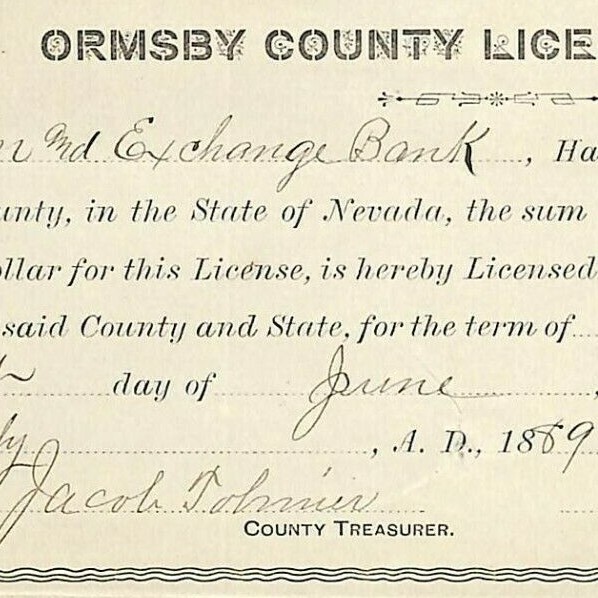 Vintage 1889 Ormsby County Banking License Bullion & Exchange Bank – Mining Doc.
