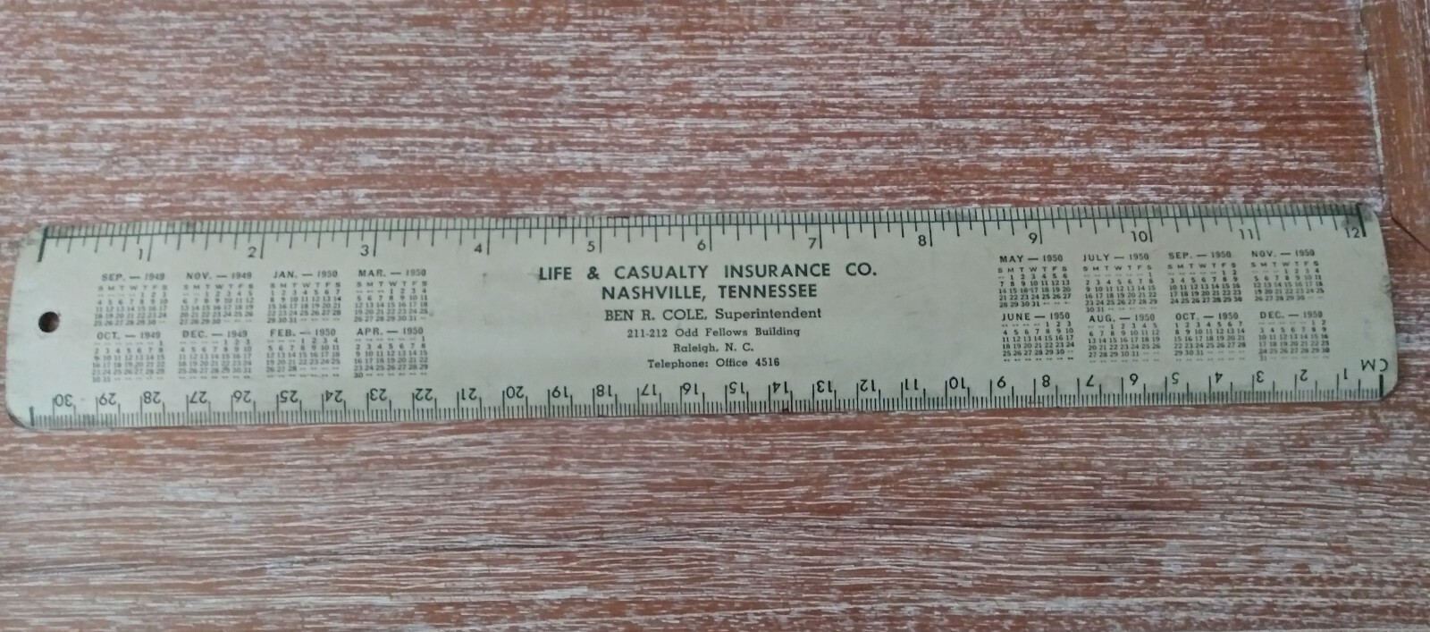 1949 Vintage Advertising Ruler Life & Casualty Insurance Nashville TN Raleigh NC